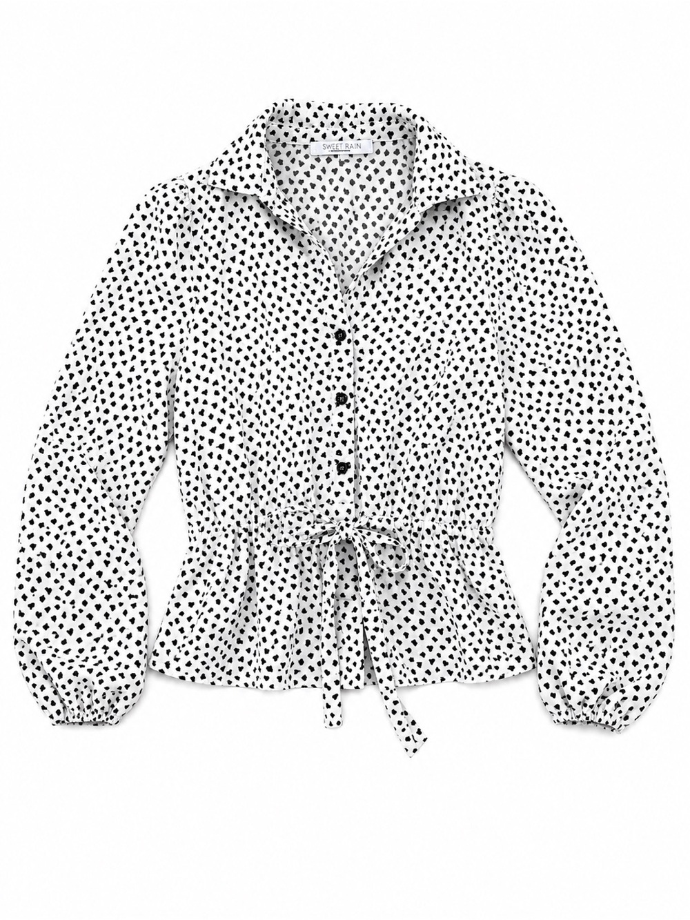 Sweet Rain White Button-Down Blouse with Black Heart Print